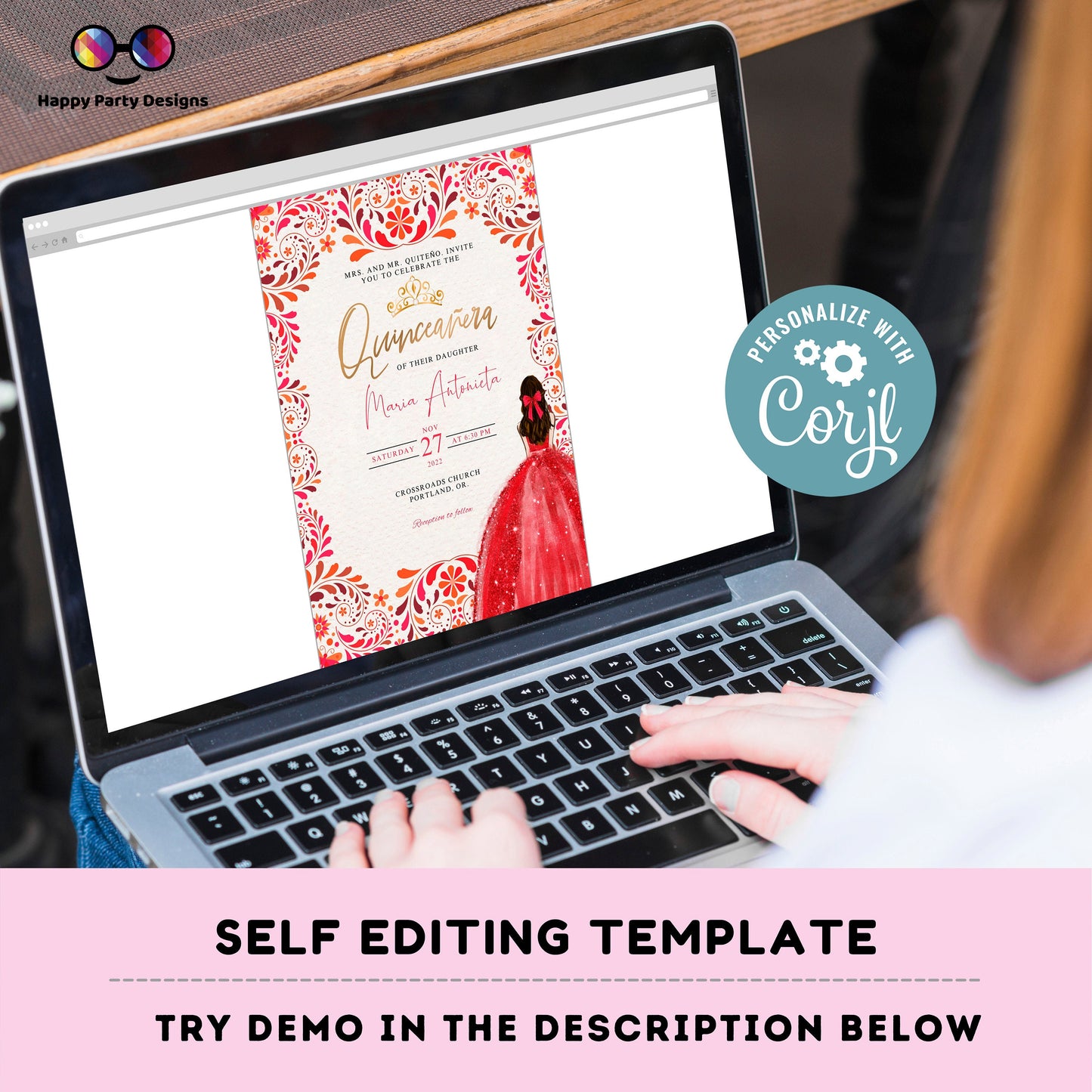 Editable Gorgeous Red Floral Quinceañera Invitation | EDITABLE TEMPLATE Mis Quince 15 | 16th Birthday Instant Download | Girl Birthday #K214