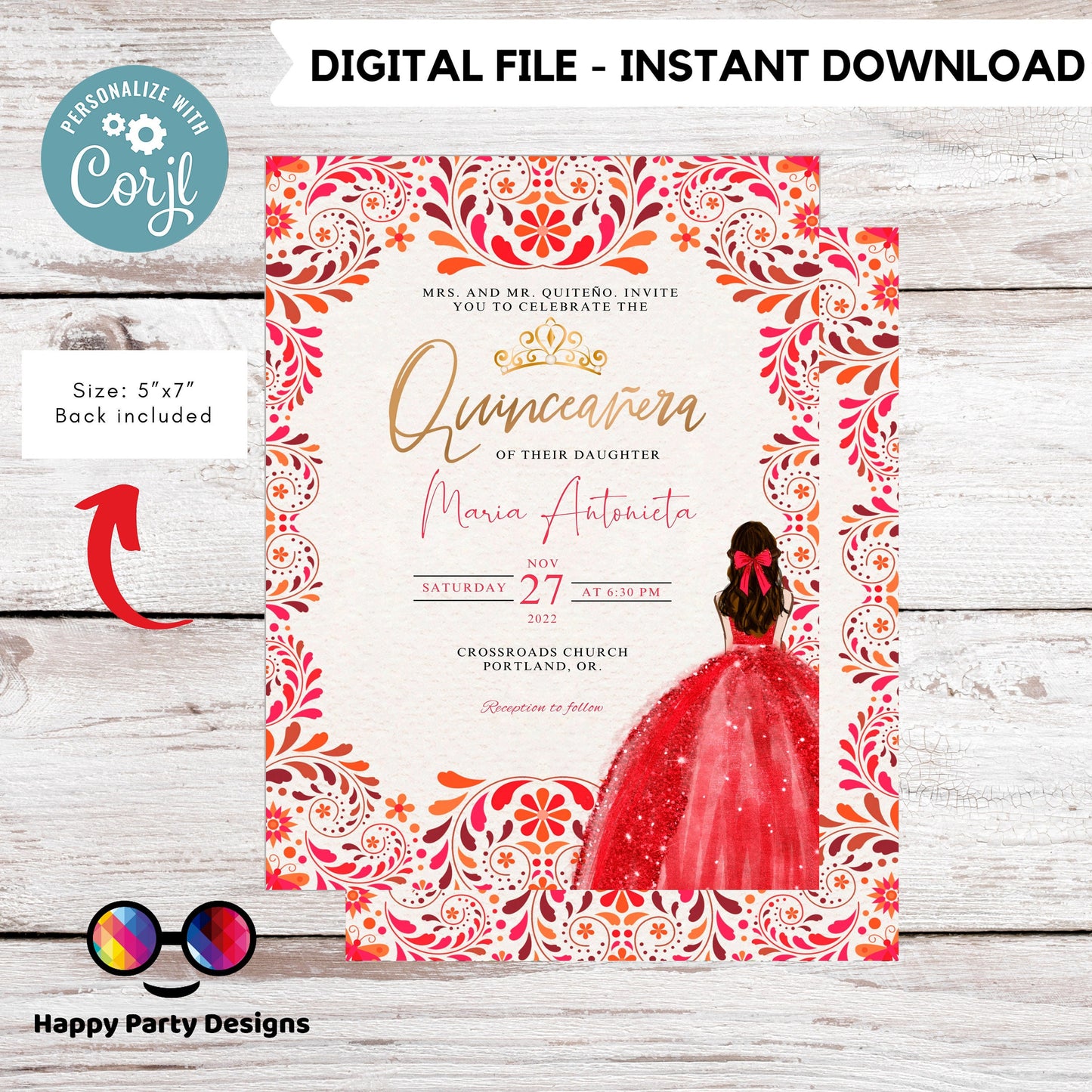 Editable Gorgeous Red Floral Quinceañera Invitation | EDITABLE TEMPLATE Mis Quince 15 | 16th Birthday Instant Download | Girl Birthday #K214