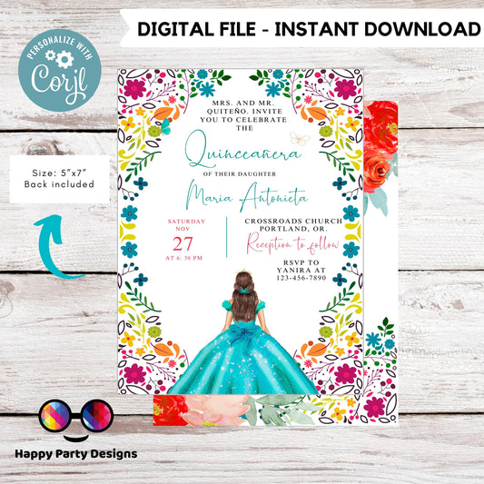 Editable Floral Quinceañera Invitation | EDITABLE TEMPLATE Mis Quince 15 | 16th Birthday Instant Download | Teal Dress Girl Birthday #K215
