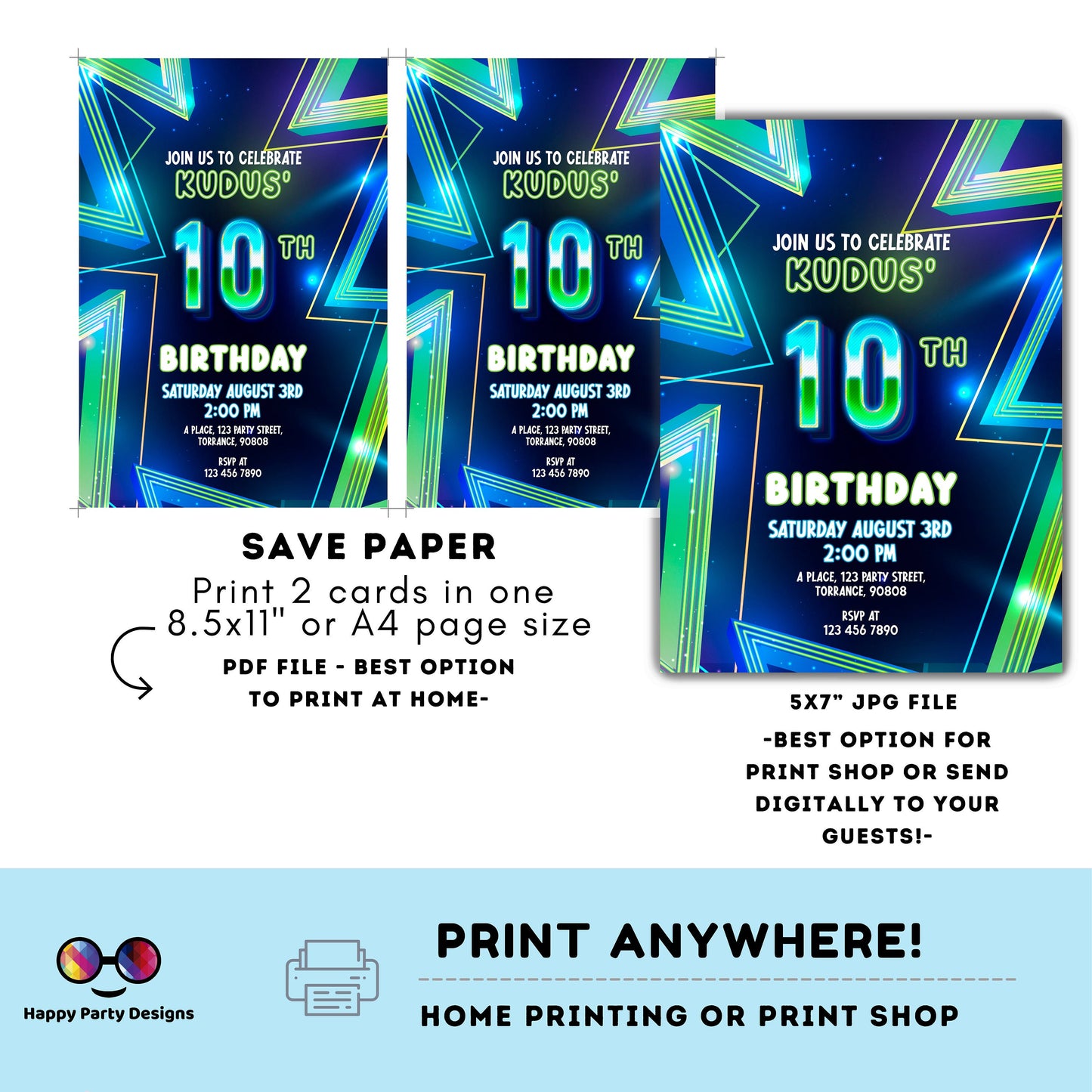 EDITABLE Boy 10th birthday invitation | Neon Glow in the dark Party | Birthday Boy | 10th Neon Green Blue Birthday | glow party #K185