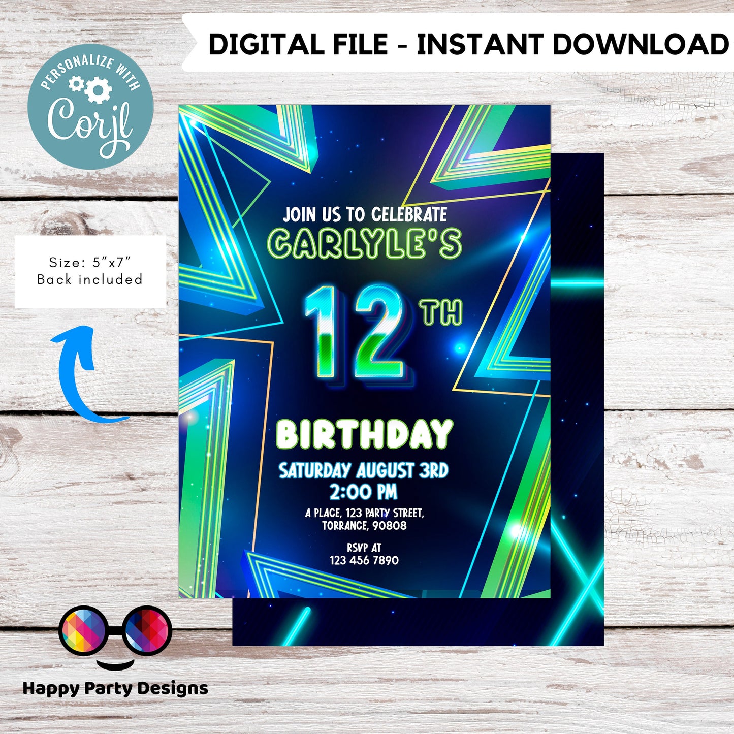 EDITABLE Boy 12th birthday invitation | Neon Glow in the dark Party | Birthday Boy | 12th Neon Green Blue Birthday | glow party #K185