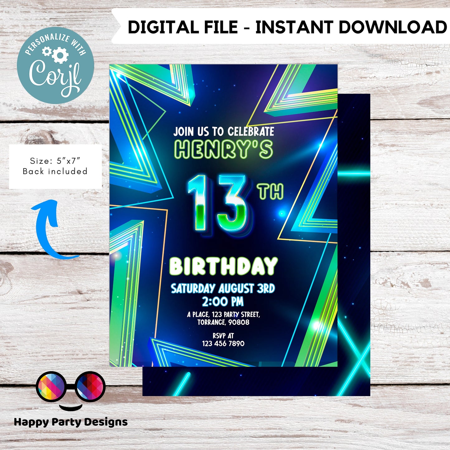 EDITABLE Boy 13th birthday invitation | Neon Glow in the dark Party | Birthday Boy | 13th Neon Green Blue Birthday | glow party #K185