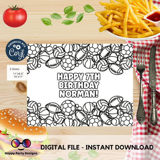Editable Sports Birthday coloring Page  | Sports Party | Sports coloring page  | Editable  All Star coloring placemat Edit Online #K141