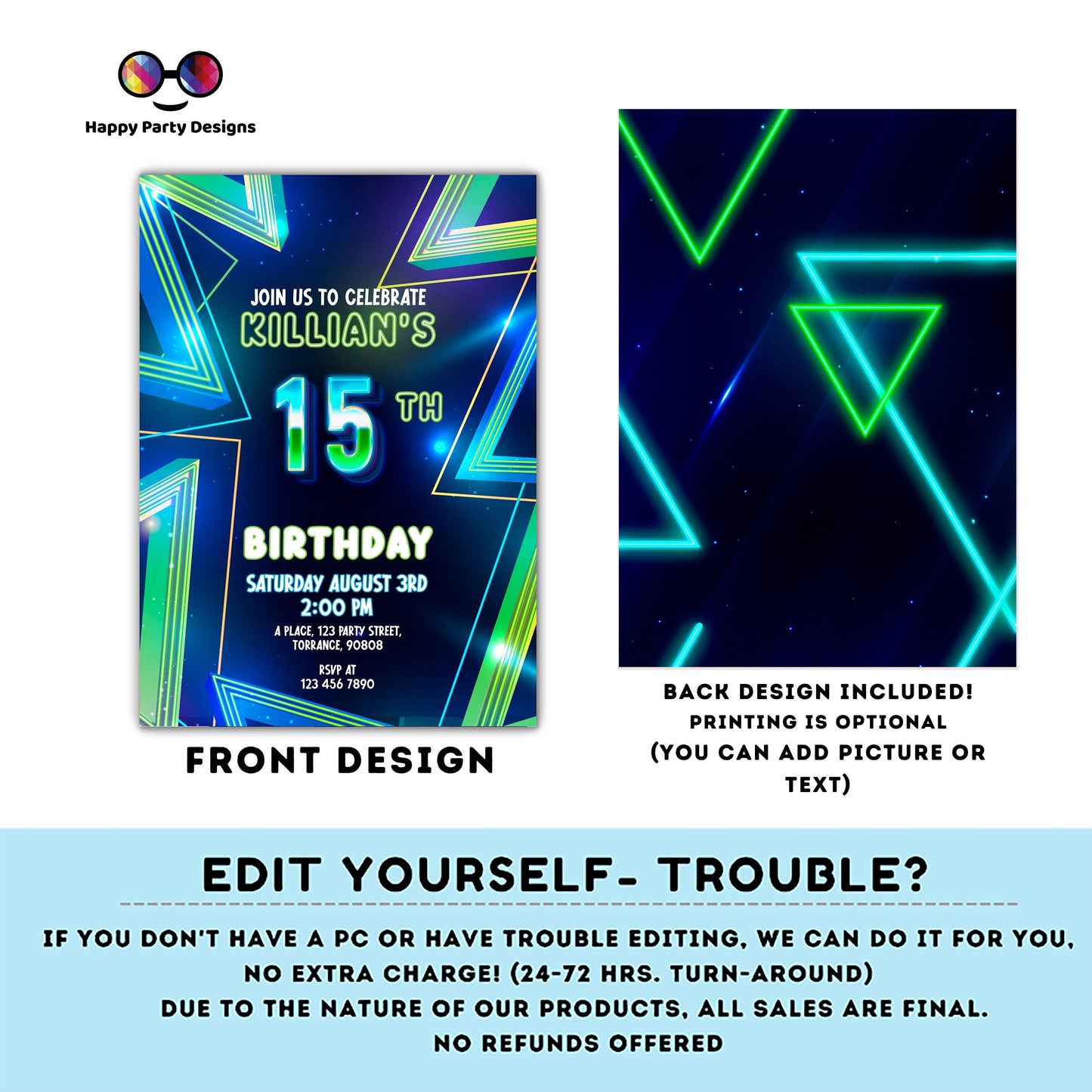 EDITABLE Boy 15th birthday invitation | Neon Glow in the dark Party | Birthday Boy | 15th Neon Green Blue Birthday | glow party #K185