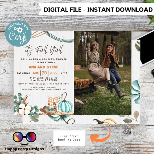 Fall Harvest Couple's Shower Invite with photo | Editable Fall in love invite | Digital Fall in love printable | Bridal shower Autumn #W12