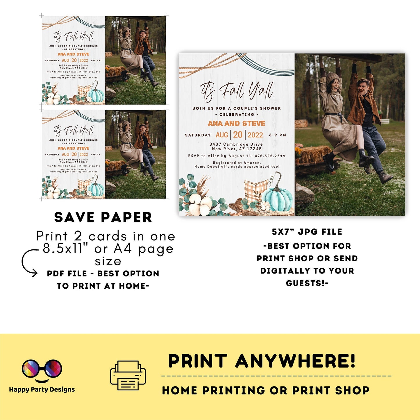 Fall Harvest Couple's Shower Invite with photo | Editable Fall in love invite | Digital Fall in love printable | Bridal shower Autumn #W12