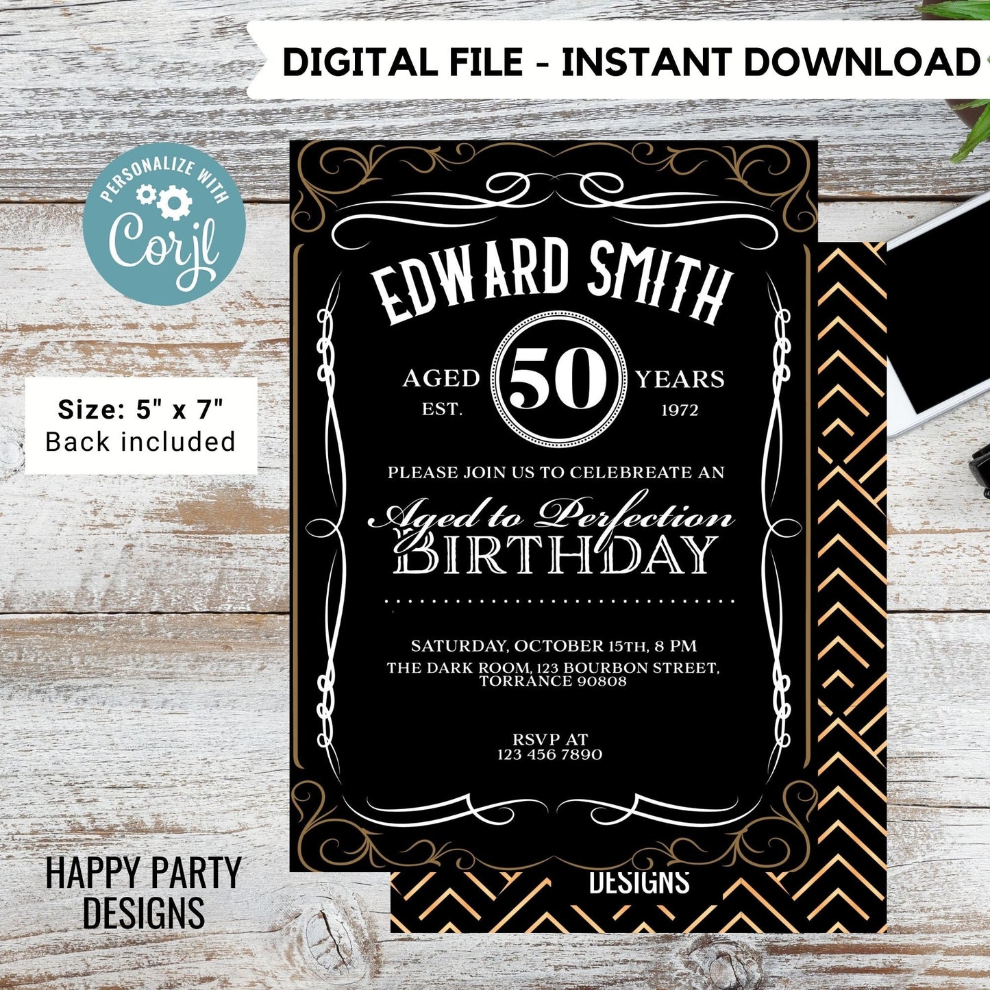 Editable Aged to Perfection Birthday Invitation | 50th Birthday Invitation for men | Whiskey Label Birthday Invitation #A16