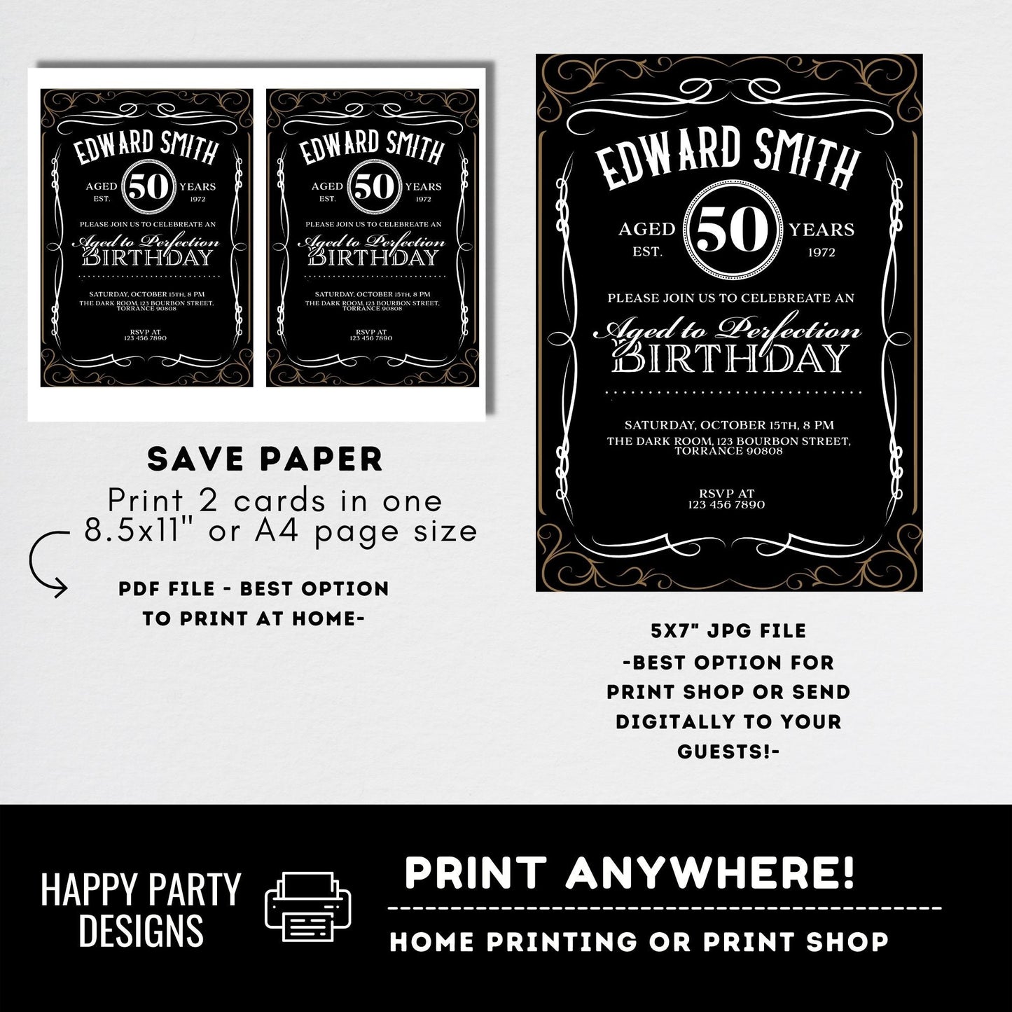 Editable Aged to Perfection Birthday Invitation | 50th Birthday Invitation for men | Whiskey Label Birthday Invitation #A16