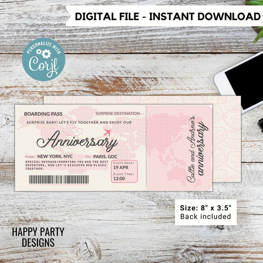Editable Boarding Ticket Template | Surprise Airline Gift | Vacation | Gift for Her | Couple Gift | Print-at-home | Flight Voucher #A19