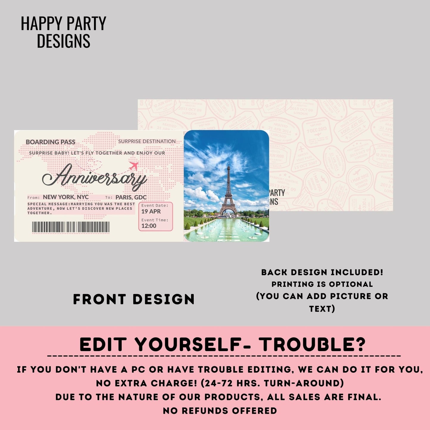 Editable Boarding Ticket Template with photo | Surprise Airline Gift | Vacation | Gift for Her | Couple Gift | Print-at-home  #A19