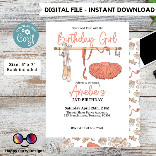 Tutu Birthday invitation | Tutu Cute printable | Birthday girl | 2nd Birthday Invitation Ballerina Two-tu | Cute Girl Party Invite #K219