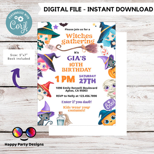 Halloween witches Party Invitation | Editable kids Halloween party | Little Witch Halloween Birthday Party Invitation | costume #K195