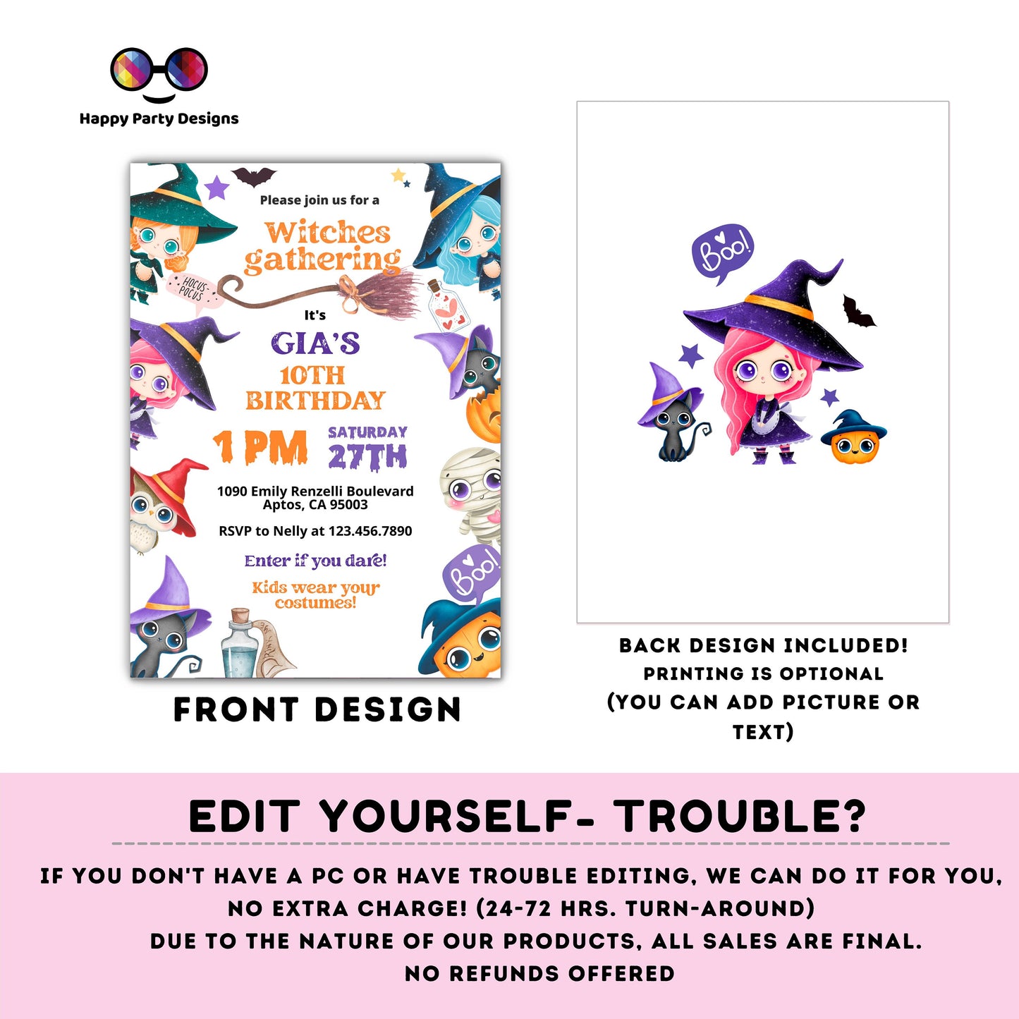 Halloween witches Party Invitation | Editable kids Halloween party | Little Witch Halloween Birthday Party Invitation | costume #K195
