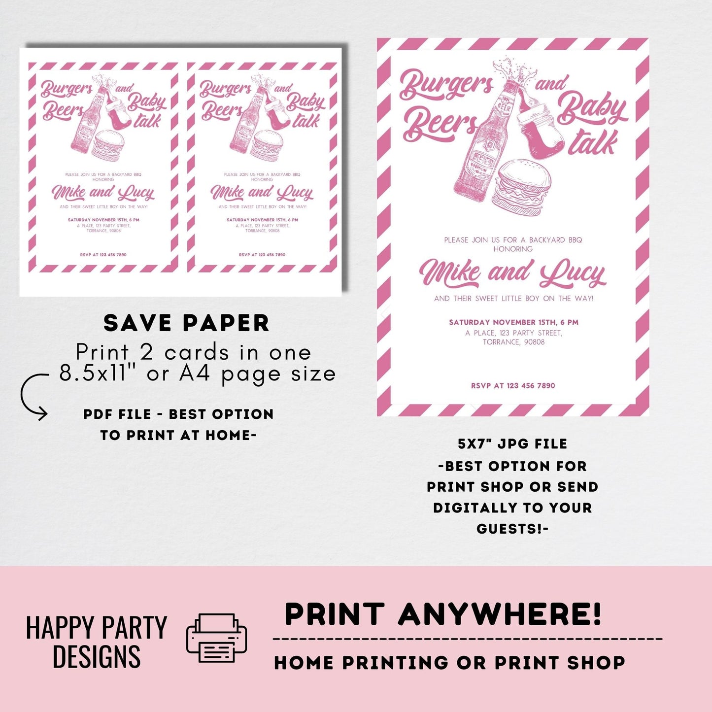 Editable Burgers Beers and Baby talk invitation | Baby girl Shower Invitation | Co-ed Baby Shower | BabyQ | Barbeque | beer | drinks #B42