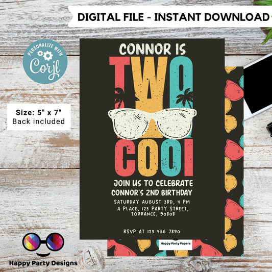 Editable Two Cool Birthday Invitation | Boy Second Birthday Party | I'm Two Cool Sunglasses | 2nd birthday party | Edit Yourself #K220