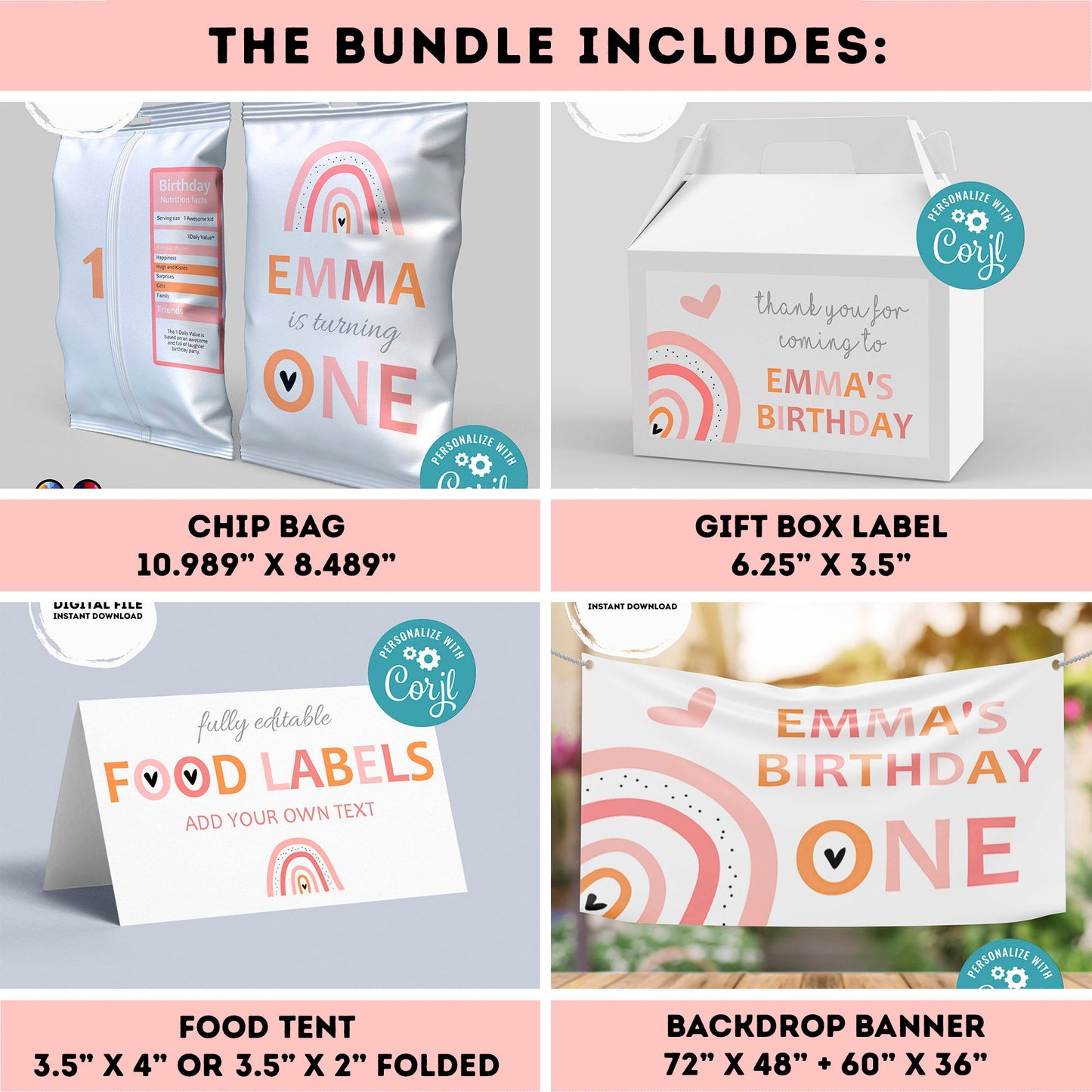 EDITABLE Boho Rainbow invitation bundle | First birthday | Boho Rainbow first Birthday | Boho rainbow Bundle | Boho rainbow party decor #K19