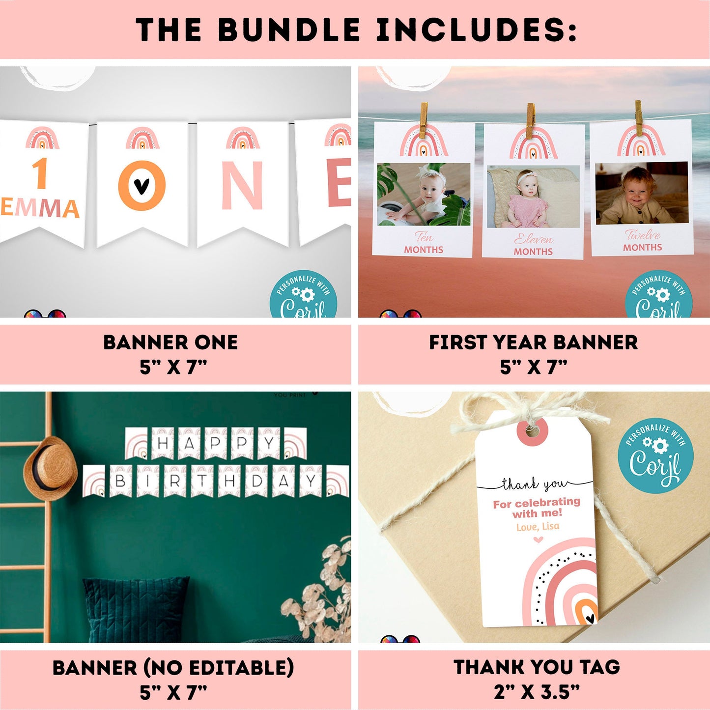 EDITABLE Boho Rainbow invitation bundle | First birthday | Boho Rainbow first Birthday | Boho rainbow Bundle | Boho rainbow party decor #K19