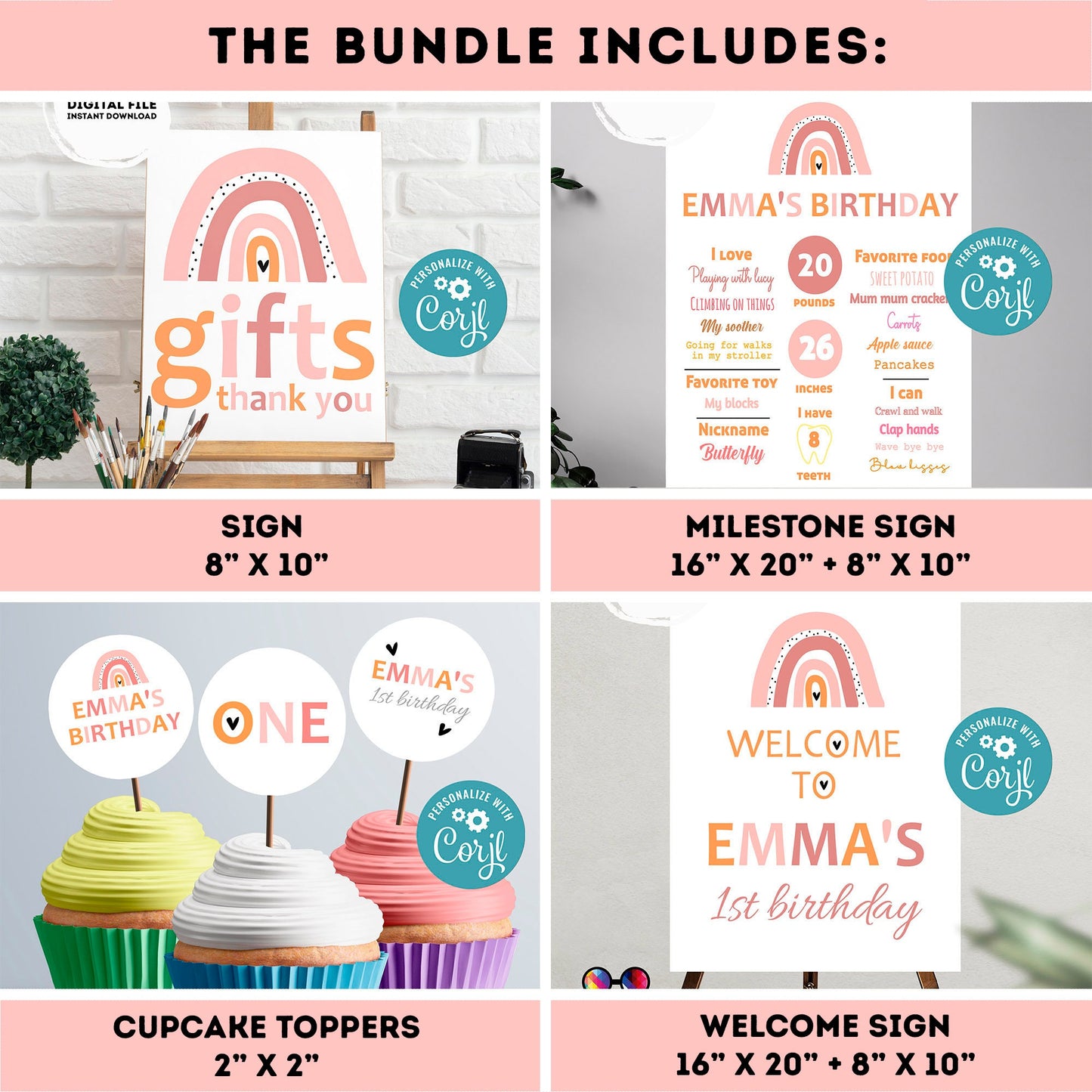 EDITABLE Boho Rainbow invitation bundle | First birthday | Boho Rainbow first Birthday | Boho rainbow Bundle | Boho rainbow party decor #K19