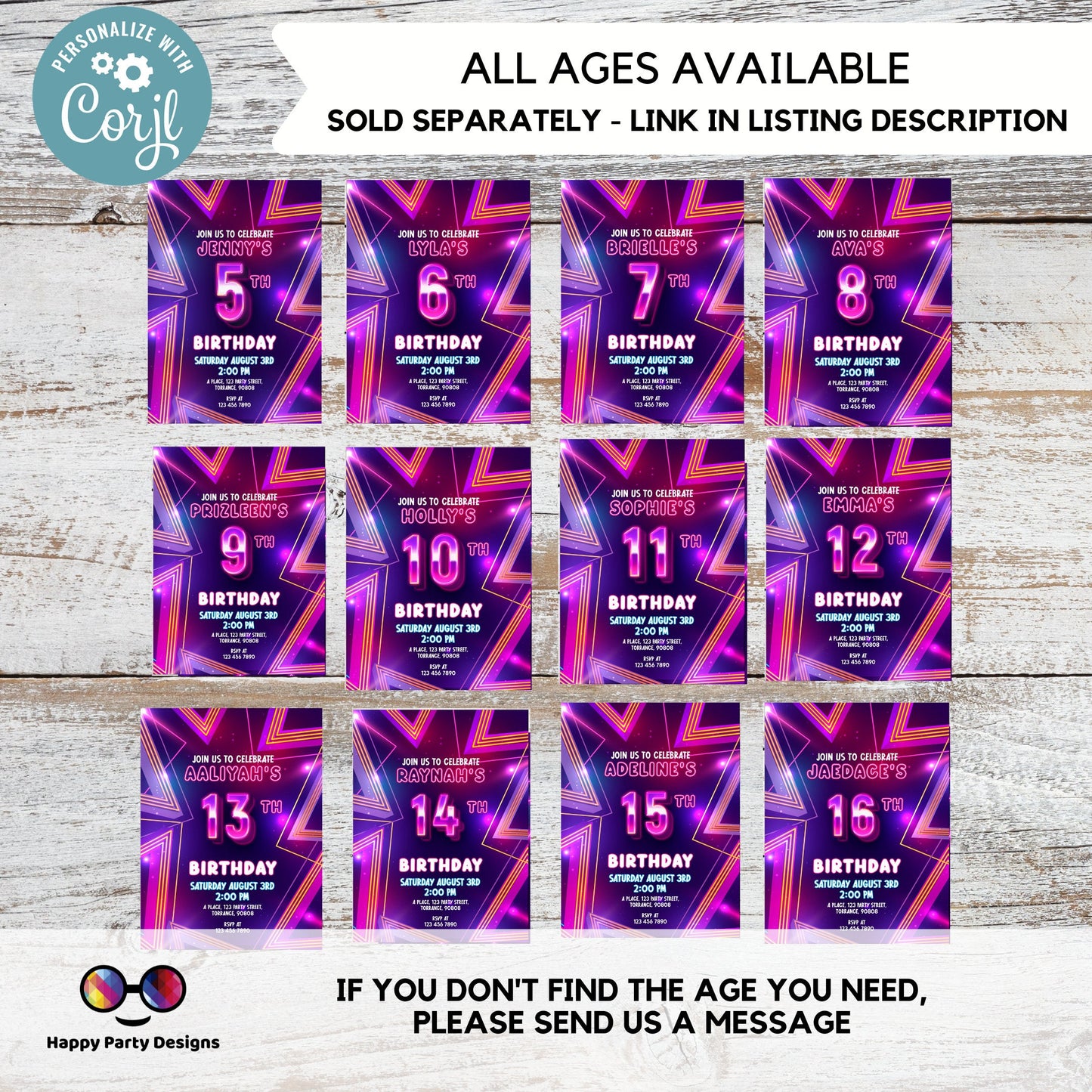 EDITABLE girl 5th birthday invitation | Neon Glow in the dark Party | Birthday girl | 5th pink and purple Birthday #K186