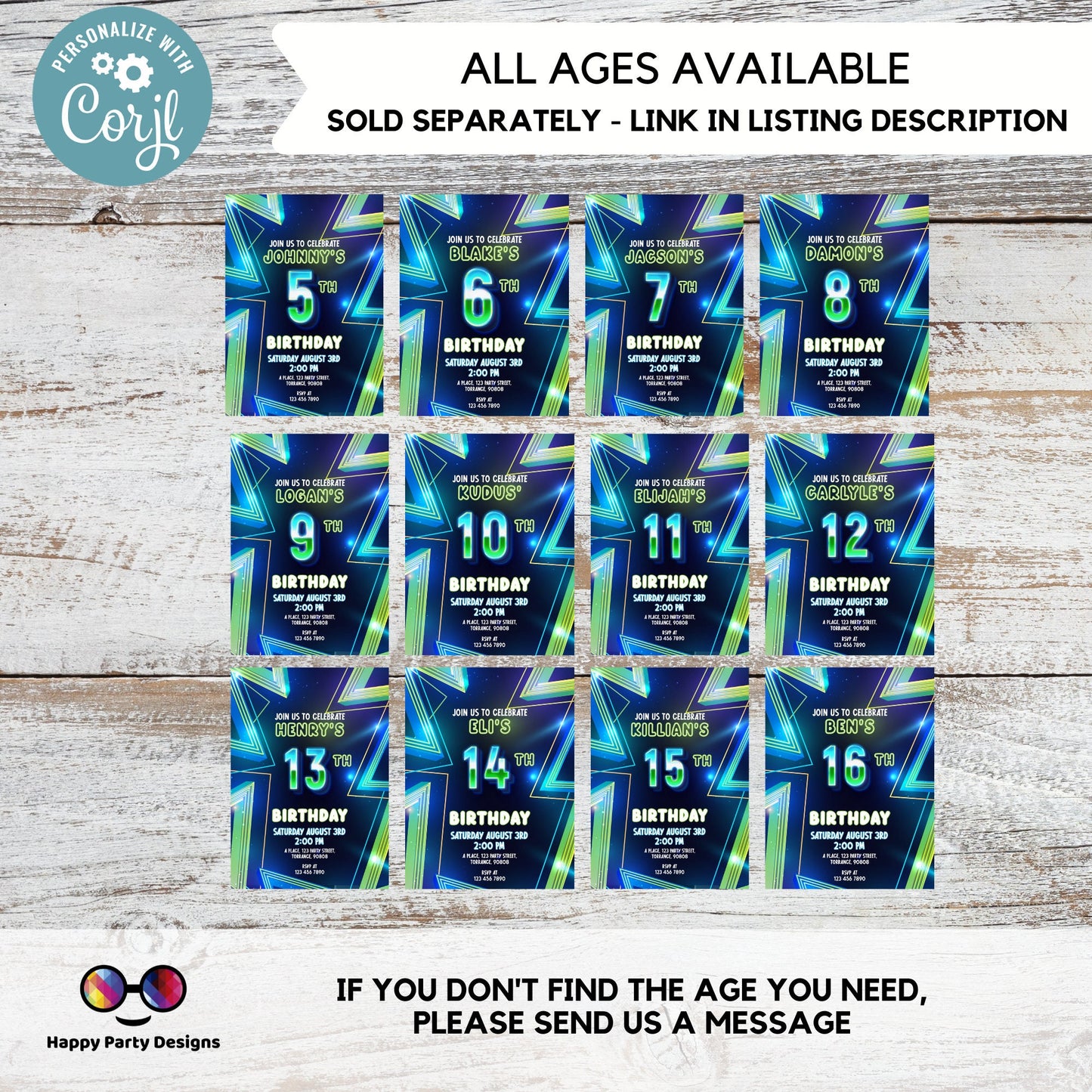 EDITABLE Boy 5th birthday invitation | Neon Glow in the dark Party | Birthday Boy | 5th Neon Green Blue Birthday #K185