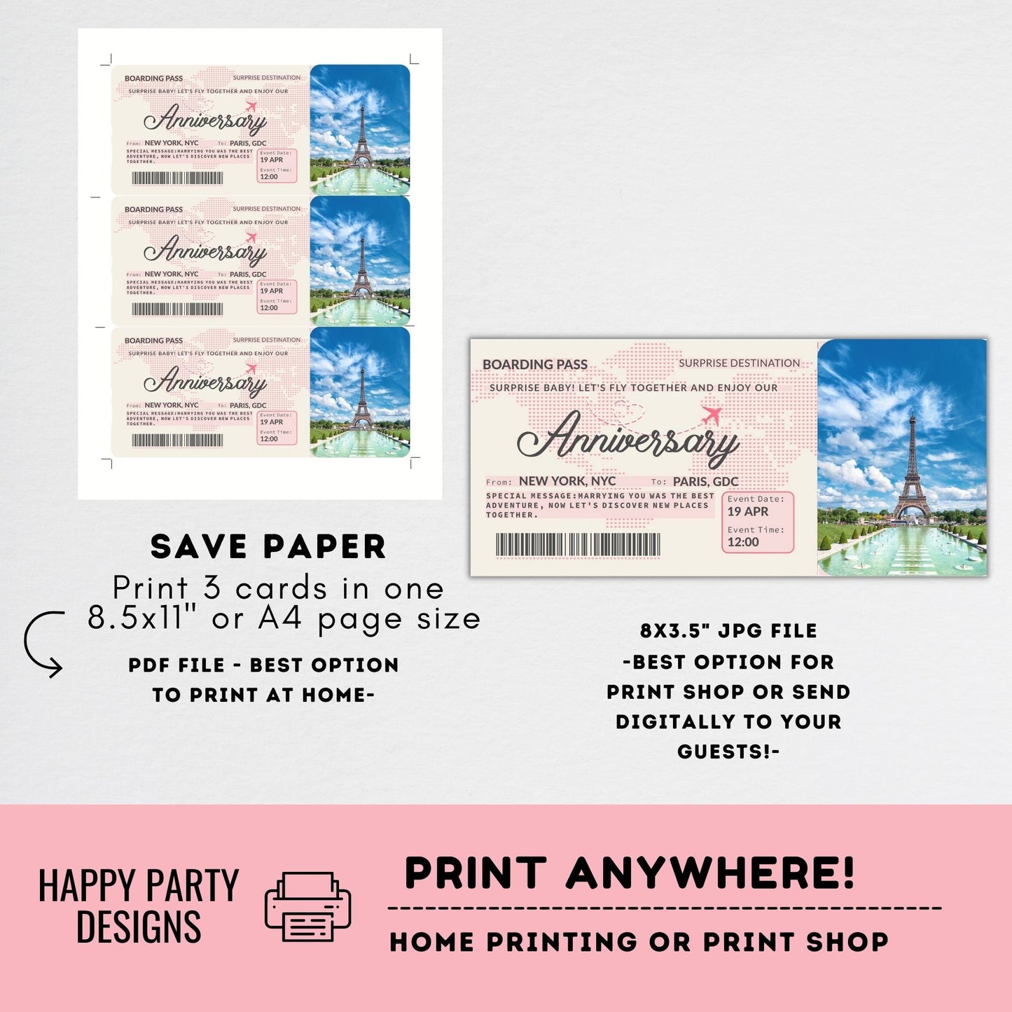 Editable Boarding Ticket Template with photo | Surprise Airline Gift | Vacation | Gift for Her | Couple Gift | Print-at-home  #A19