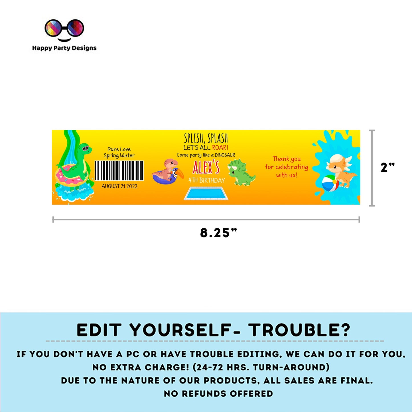 Editable Dino Pool Party water bottle labels | digital labels |  printable Dino Pool Party labels | Dino Pool Party  |  bottle labels #K83