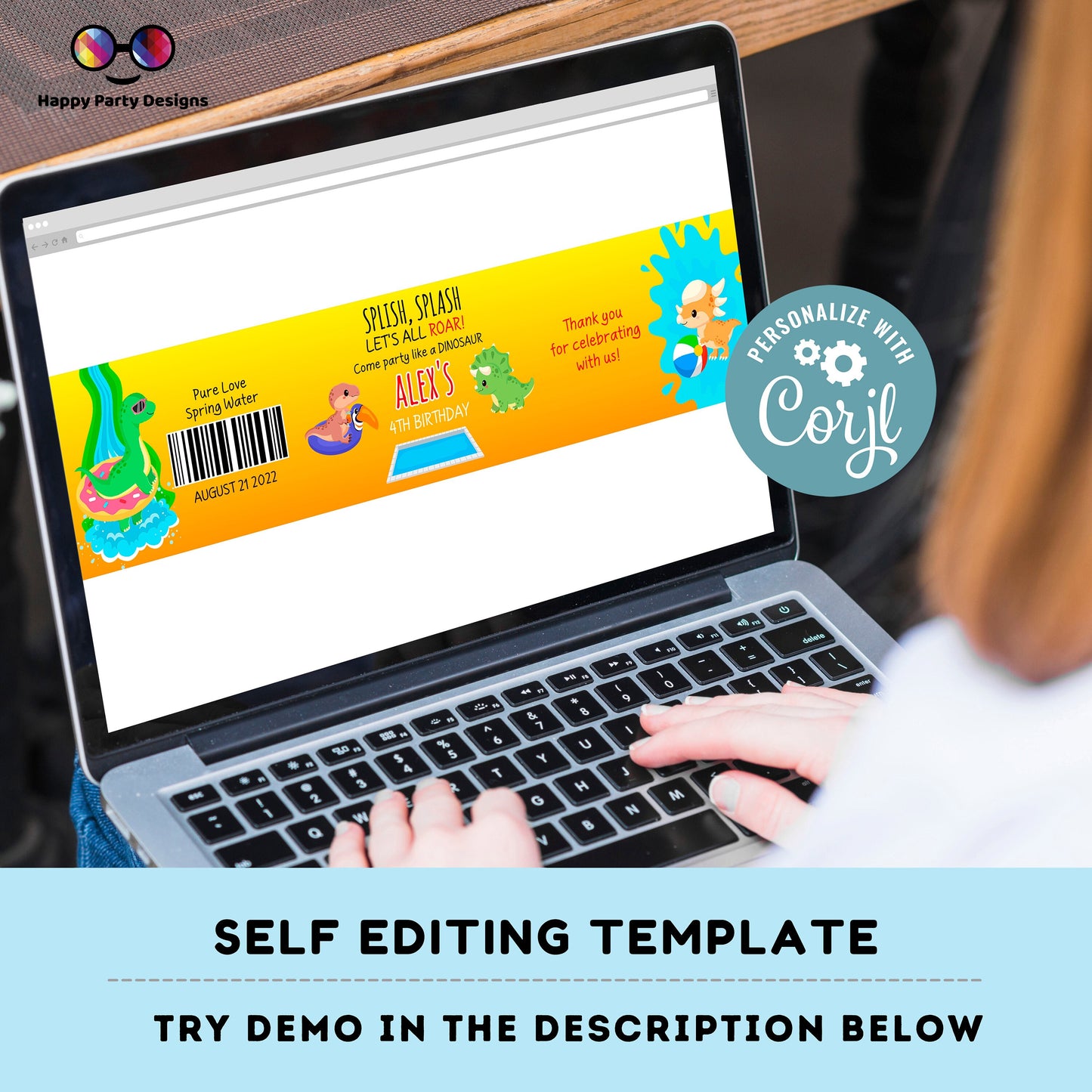 Editable Dino Pool Party water bottle labels | digital labels |  printable Dino Pool Party labels | Dino Pool Party  |  bottle labels #K83