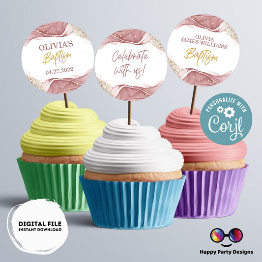 Baptism Round cupcake toppers | Editable Pink and gold favor Tags | Round Gift Tag | Boho Rainbow | Girl Baptism Pink | Christening Tags