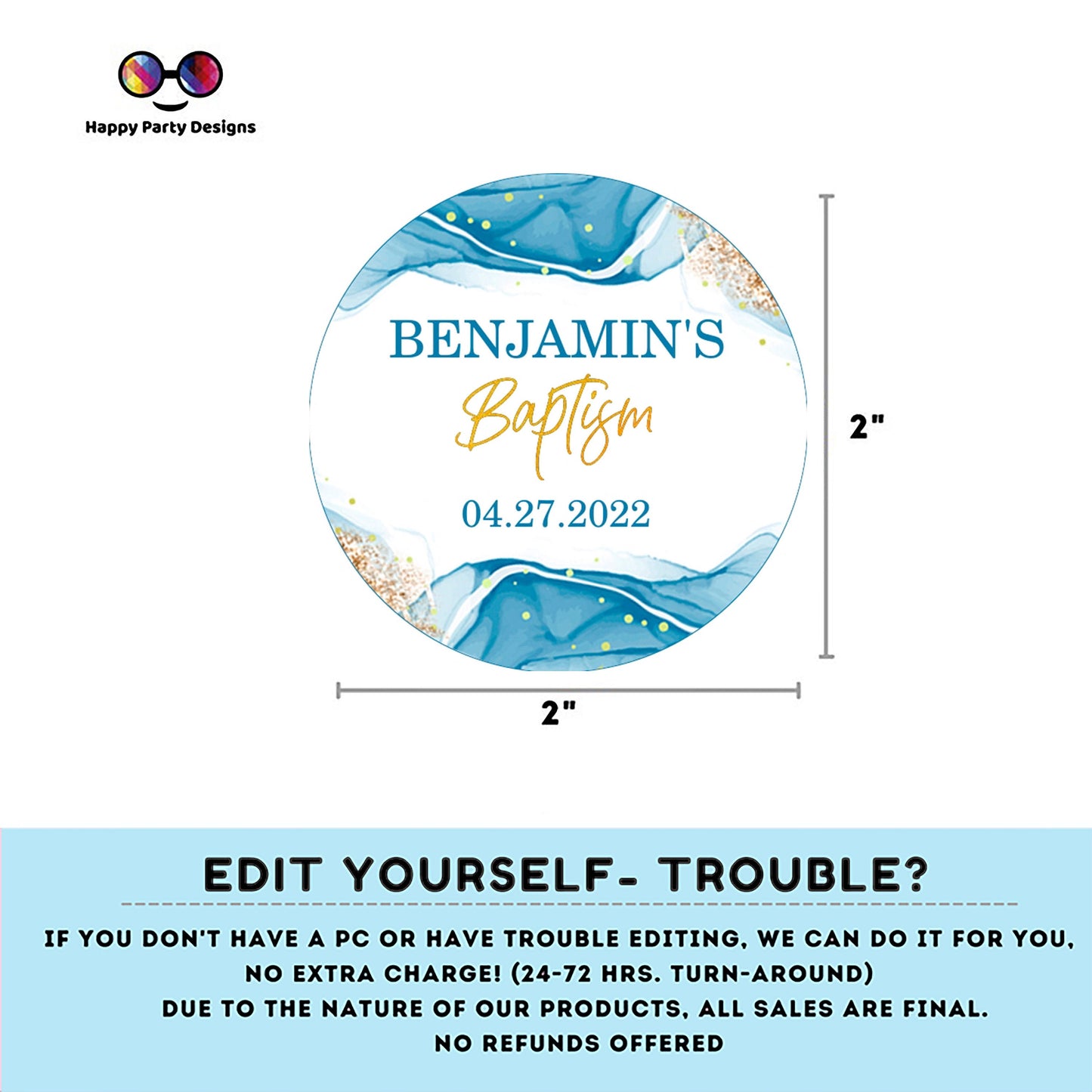 Baptism Round cupcake toppers | Editable blue and gold cupcake toppers | Round Gift Tag | Boy Baptism Blue | Blue Christening Tags