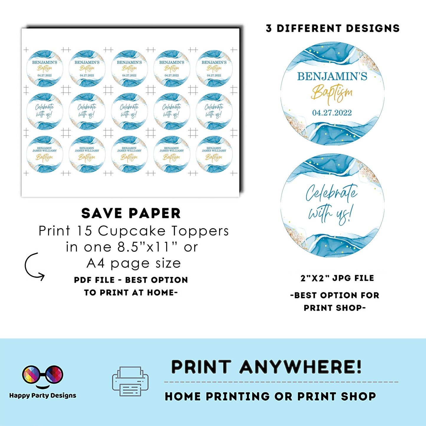 Baptism Round cupcake toppers | Editable blue and gold cupcake toppers | Round Gift Tag | Boy Baptism Blue | Blue Christening Tags