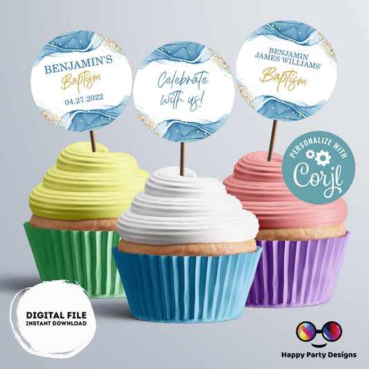 Baptism Round cupcake toppers | Editable blue and gold cupcake toppers | Round Gift Tag | Boy Baptism Blue | Blue Christening Tags