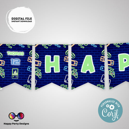 Happy Birthday Video gamer Banner | Editable gamer party | Birthday banner | gamer birthday party | birthday boy | garland #K50