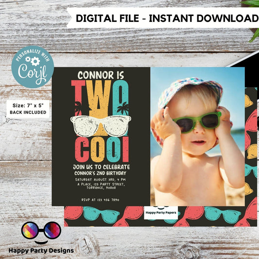 Editable Two Cool Birthday Invitation with photo | Boy Second Birthday Party | I'm Two Cool Sunglasses | 2nd birthday party #K220
