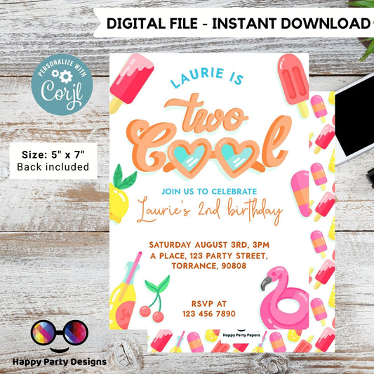 Editable Two Cool Birthday Invitation | girl Second Birthday Party | I'm Two Cool Sunglasses | 2nd birthday party | Edit Yourself #K220