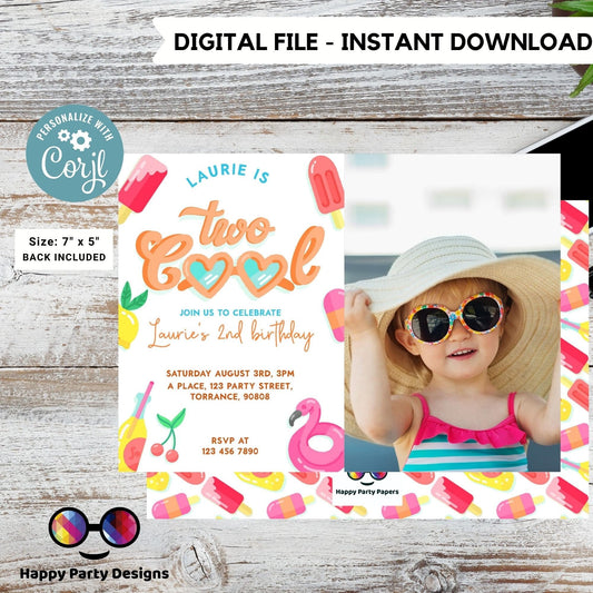 Editable Two Cool Birthday Invitation with photo | girl Second Birthday Party | I'm Two Cool Sunglasses | 2nd birthday party #K220