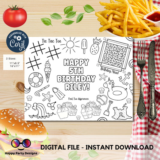 Editable summer coloring page | Placemat coloring page | Any Age | summer party | Pool Party summer Party Activity  | #K97
