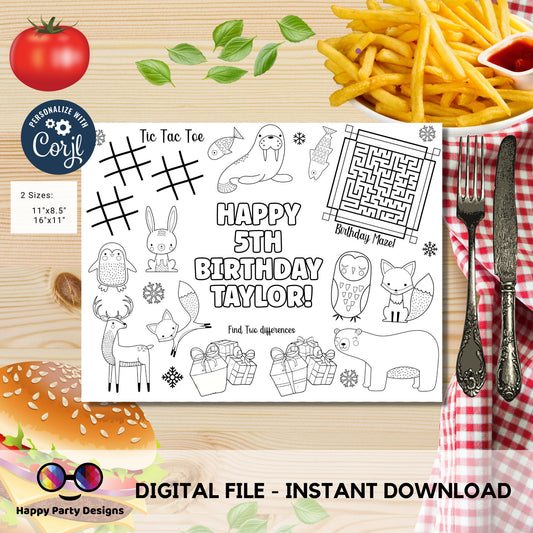 Editable Winter animals coloring page | Placemat coloring page | Any Age | Artic Animals birthday | Party Activity.  #K115