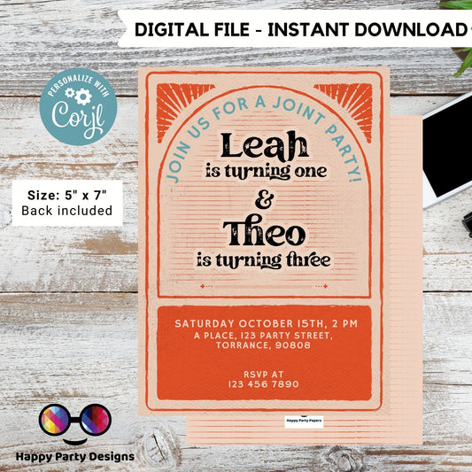 Joint Birthday Invitation Template | Sibling Birthday Invitation | Twins invitation | Arched Photo Birthday Invite | retro #K200