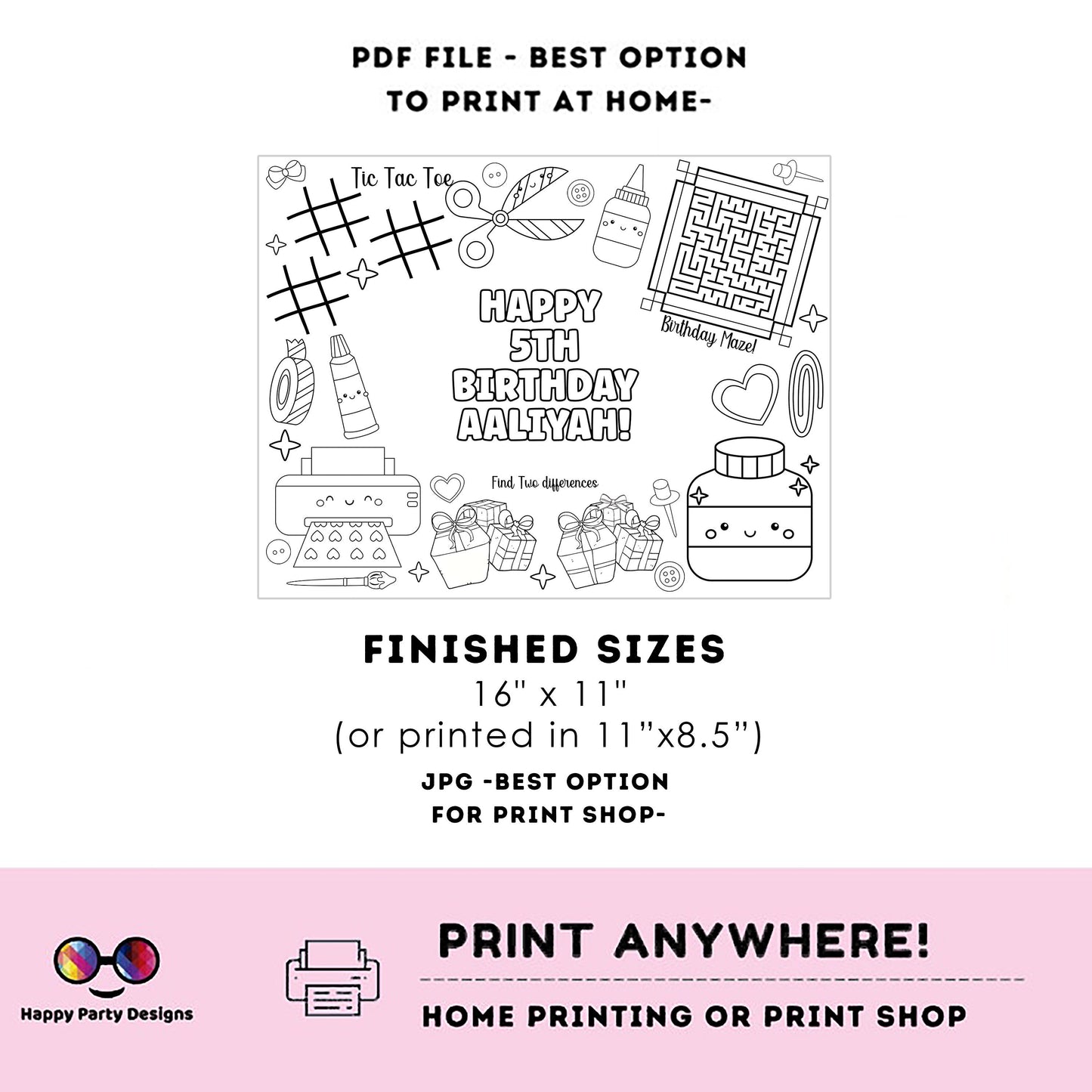 Editable Arts and Crafts  Birthday coloring page | Placemat coloring page | Any Age | Crafty birthday Party Activity |  bag filler #K162