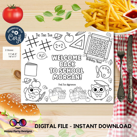 Editable first  day of school coloring page | Placemat coloring page | Any Age | Owls | welcome back to school activity placemat