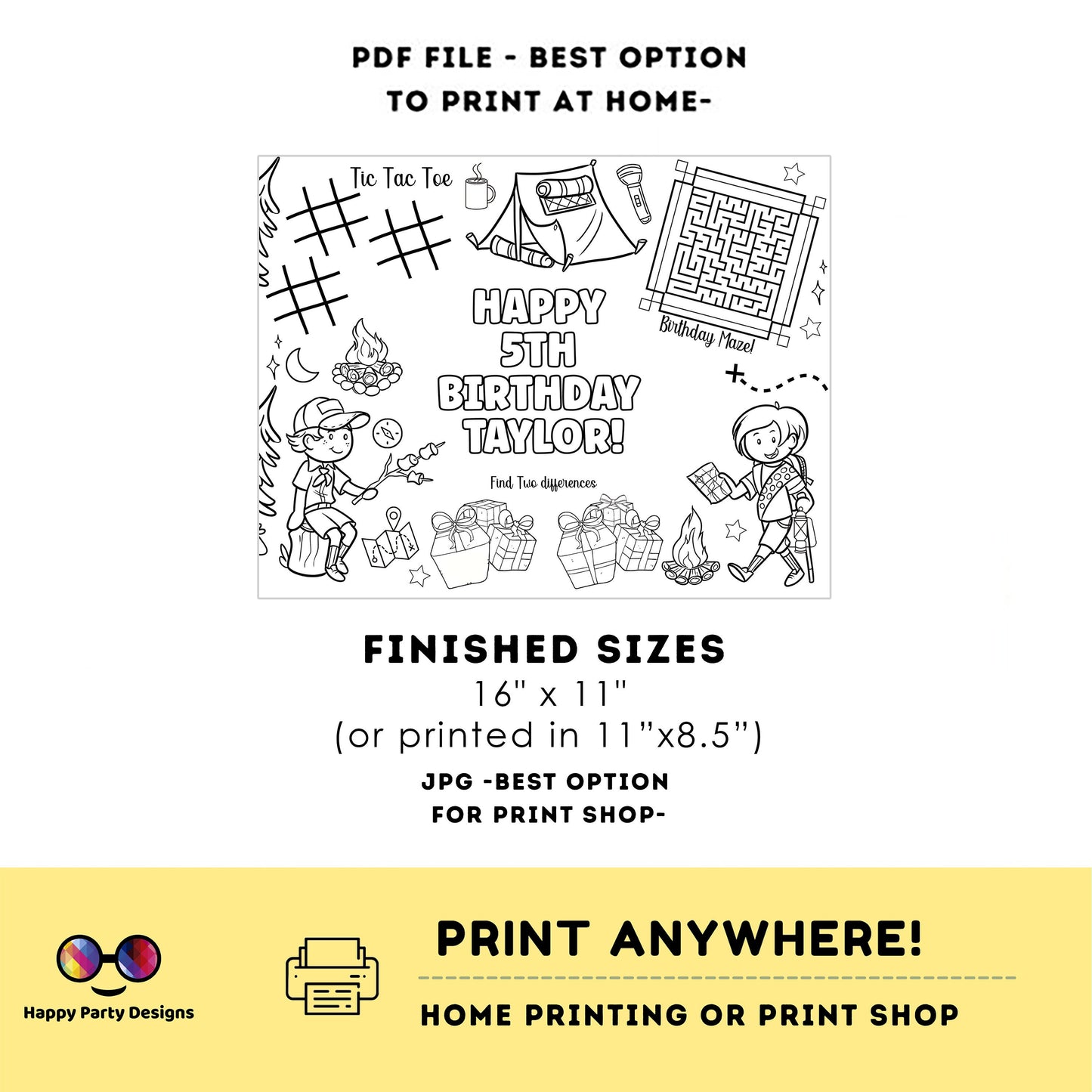 Editable Camping Birthday coloring page | Placemat activity page | Any Age | Camping birthday  Happy Camper Party Activity | bag filler #K95