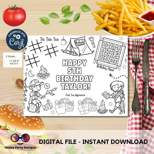 Editable Camping Birthday coloring page | Placemat activity page | Any Age | Camping birthday  Happy Camper Party Activity | bag filler #K95