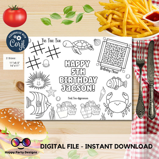 Editable Under the Sea coloring page | Placemat coloring page | Any Age Under The Sea birthday Games Under the Sea Party Activity Games #K93