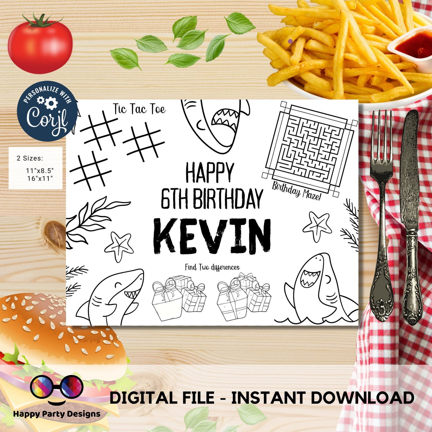 Editable Sharks coloring page | Placemat coloring page | Any Age | Sharks birthday | Under the Sea Party Activity Games | #K92