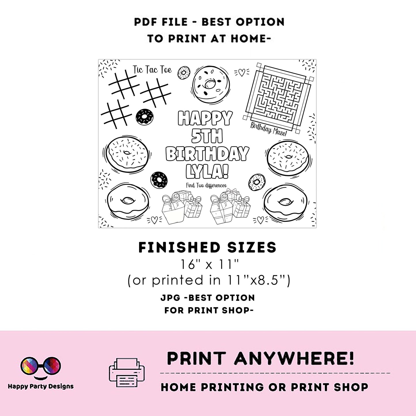 Editable Donuts coloring page | Donuts coloring page | Any Age | Cute Donut party | Donut Miss the Party - Party  Activity games #K34