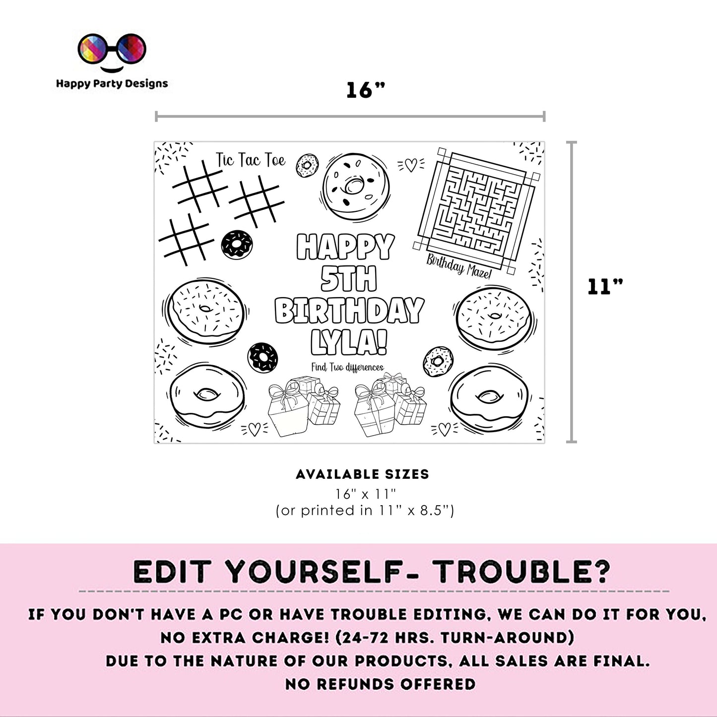 Editable Donuts coloring page | Donuts coloring page | Any Age | Cute Donut party | Donut Miss the Party - Party  Activity games #K34