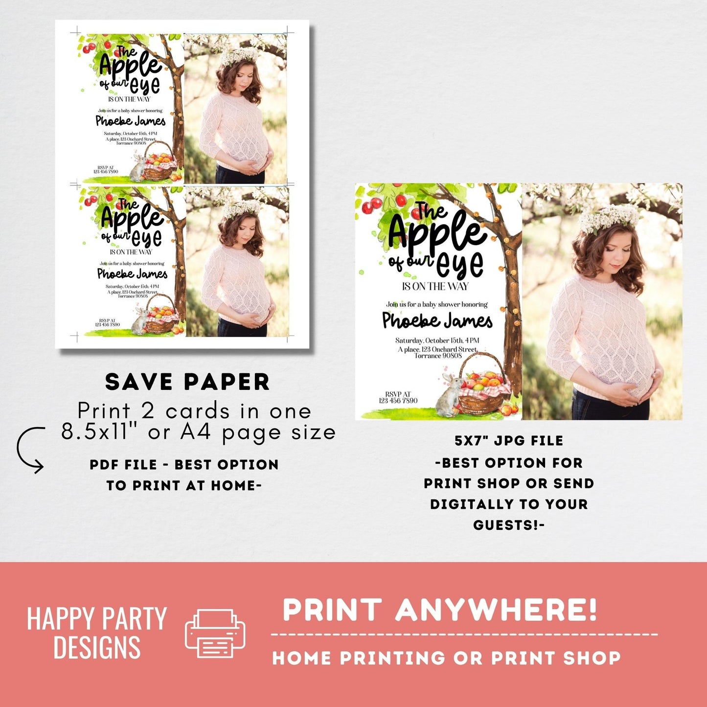 Apple Baby Shower Invitation with photo | Editable baby shower invite | Apple Harvest Baby Shower Invite | Apple Season  baby shower  #B38