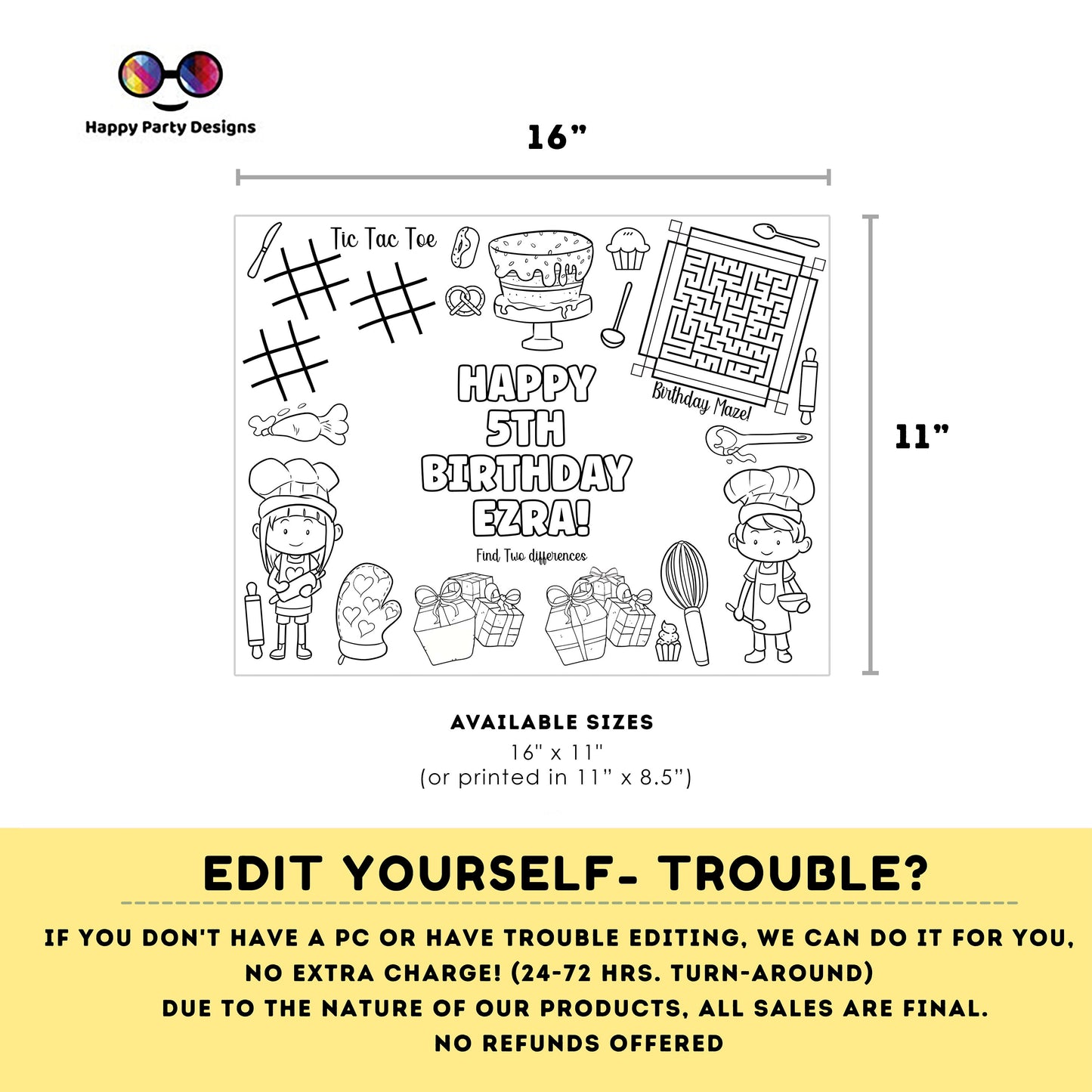 Editable Baking Birthday coloring page | Placemat coloring page | Any Age | Baking birthday Cupcake baking Party Activity | bag filler #K137