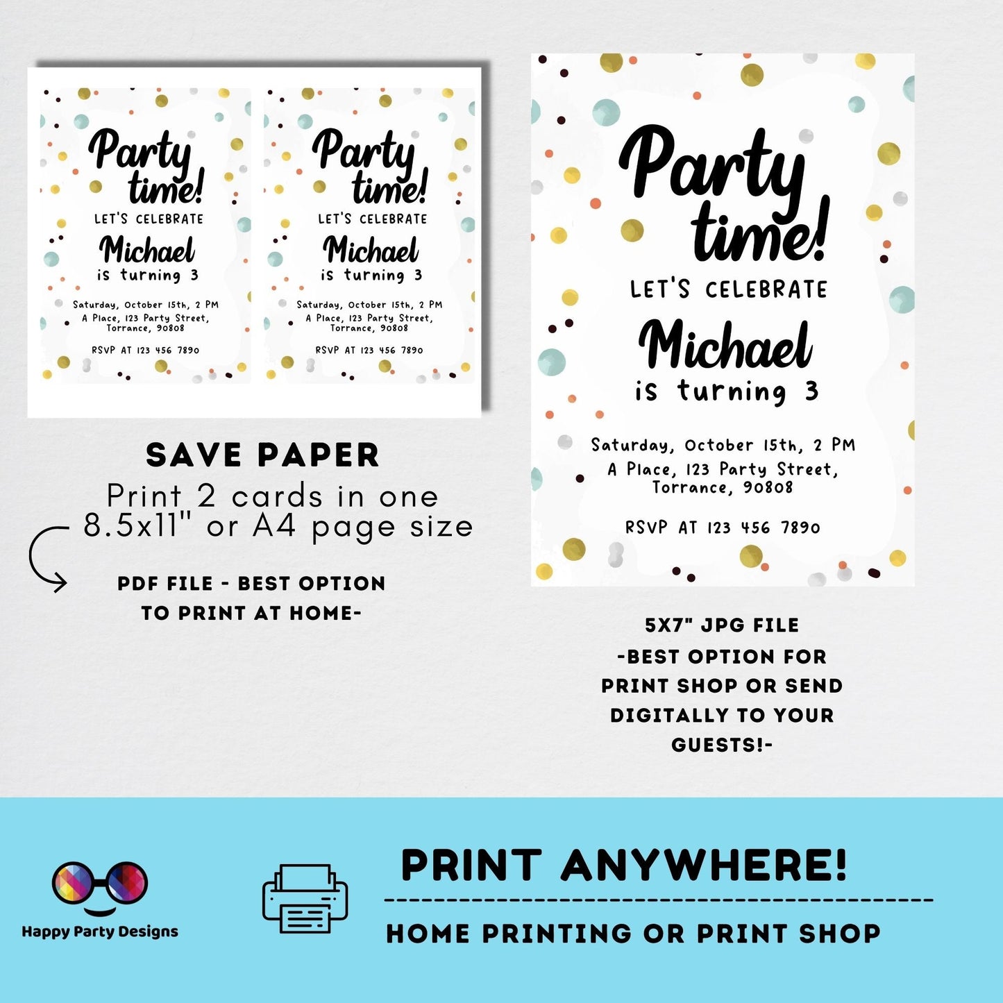 Confetti Party Invitation Template | Party Invite | Editable Template | Party Printable Invite | Birthday boy Confetti #K201