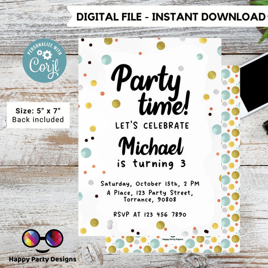 Confetti Party Invitation Template | Party Invite | Editable Template | Party Printable Invite | Birthday boy Confetti #K201